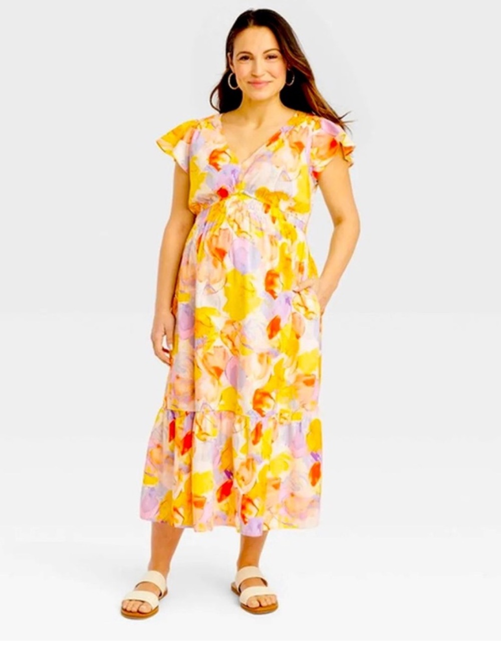 Isabel Maternity Flutter Sleeve Floral Yellow Pink Maternity Maxi Dress XS NWT
